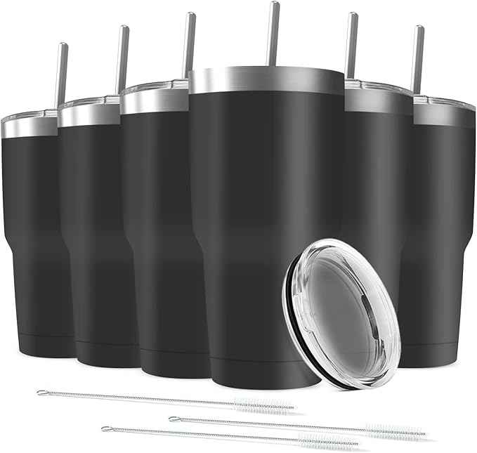 30oz Stainless Steel Travel Mug with Lid, 6 Pack Double Wall Vacuum Insulated Bulk Tumbler with 6 Straws, Powder Coated Coffee Cup Suitable for Vehicle Cup Holders(Black)