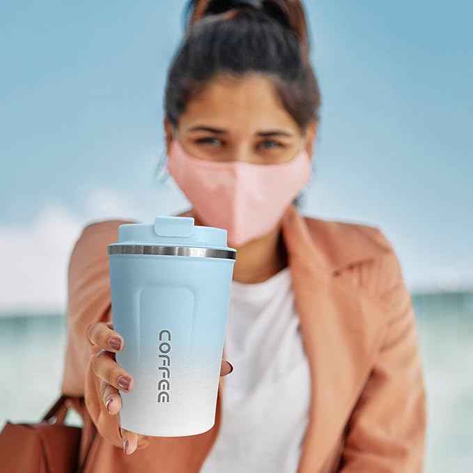 SPLMIFA Travel Coffee Mug Leak-Proof, Reusable Coffee Cups with Lids, Stainless Steel Vacuum Insulated Coffee Tumblers, Thermal Insulation Cup for Men and Women Hot & Cold Drinks(2nd-Blue White, 17OZ)