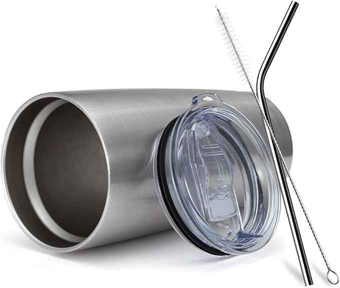 COMOOO 20oz Tumbler with Straw Stainless Steel Insulated Coffee Tumbler Cups Double Wall Vacuum Travel Coffee Mug with Splash Proof Sliding Lid for Hot Cold Drinks (Silver, 1 Pack)