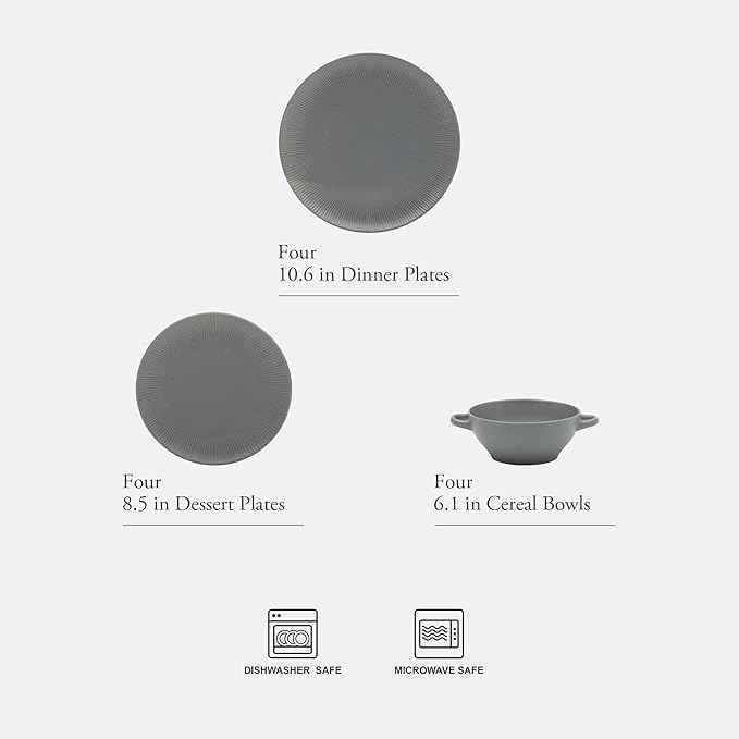 Gibson Elite Clover Hill 12-Piece Stoneware Dinnerware Set – Dark Blue Embossed Plates and Bowls with Matte Speckled Reactive Glaze, Service for 4 – Microwave & Dishwasher Safe