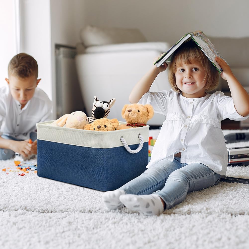 TheWarmHome Organization and Storage Basket for Organizing - X Large 3 Pack 17.7L×13.8W×9.8H in Collapsible Storage Bin for Shelves, Basket for Gifts Empty Toys Organizer Gift (White & Jean Blus)