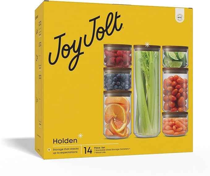 JoyJolt Holden 7-Piece Stackable Glass Storage Containers with Lids, Airtight Food Canister Set with Acacia Wood Lids, Round Stacking Pantry and Kitchen Containers for Pasta, Flour, Sugar, Coffee