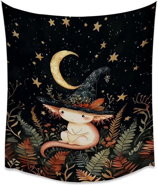 Whimsical Witch Tapestry Wall Hanging Decor Cute Axolotl Tapestry Magical Moon Animal Nursery Decoration Halloween Tapestries wall art for Home Kids Bedroom Living Room 30x40inch