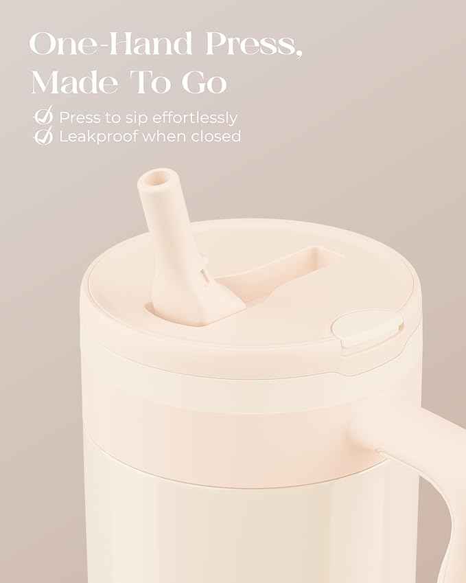 40 oz Insulated Tumbler with Handle and Push-Button Straw Lid, Stainless Steel Travel Cup for Gym Office, Leakproof, BPA-Free, Cup Holder Friendly, Bow Silicone Boot, Cream (Cloudy Cream)