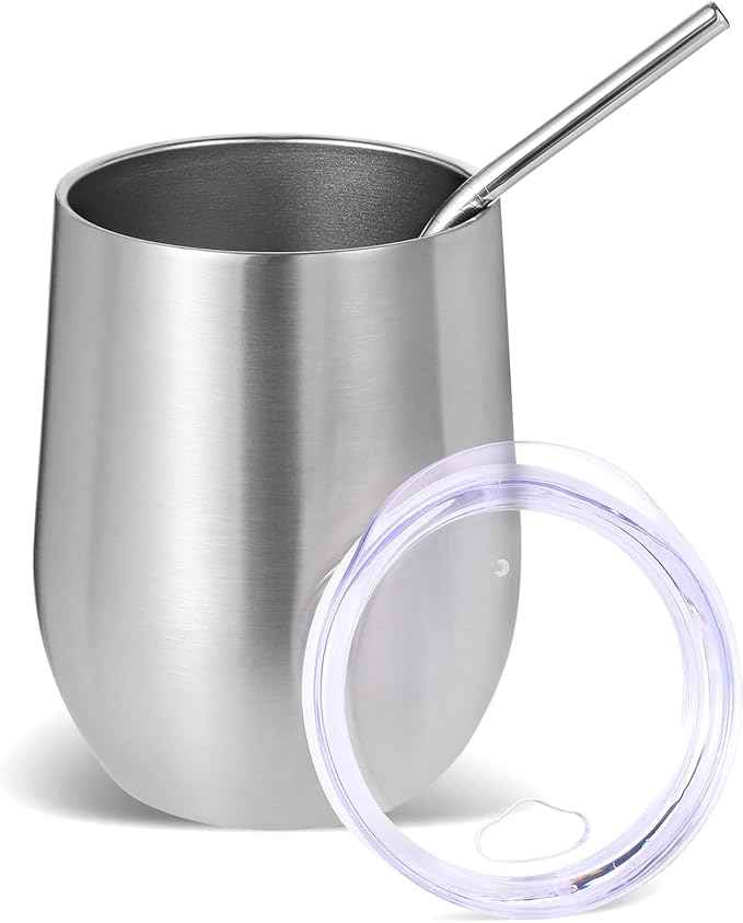 Volhoply 12oz Stainless Steel Wine Tumbler with Lid and Straw,Double Wall Vacuum Insulated Stemless Wine Glasses,Reusable Travel Coffe Mug for Cold Drinks,Small Tumblers Gifts for Women（Silver,1 Set）