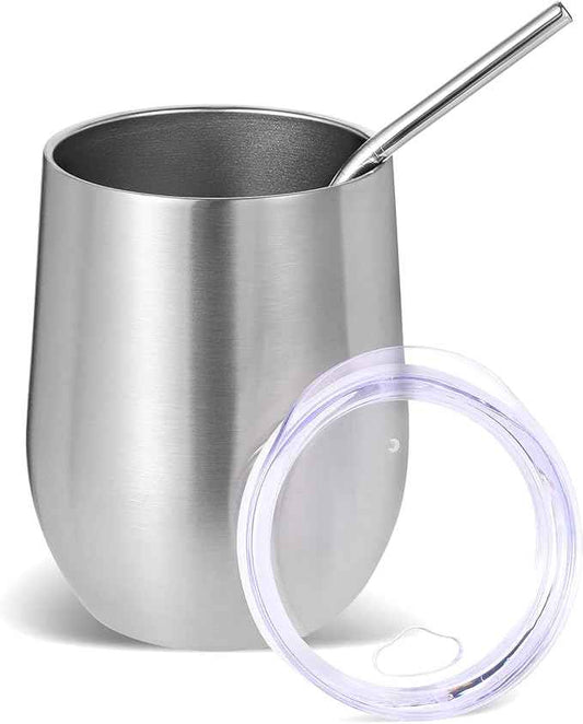 Volhoply 12oz Stainless Steel Wine Tumbler with Lid and Straw,Double Wall Vacuum Insulated Stemless Wine Glasses,Reusable Travel Coffe Mug for Cold Drinks,Small Tumblers Gifts for Women（Silver,1 Set）