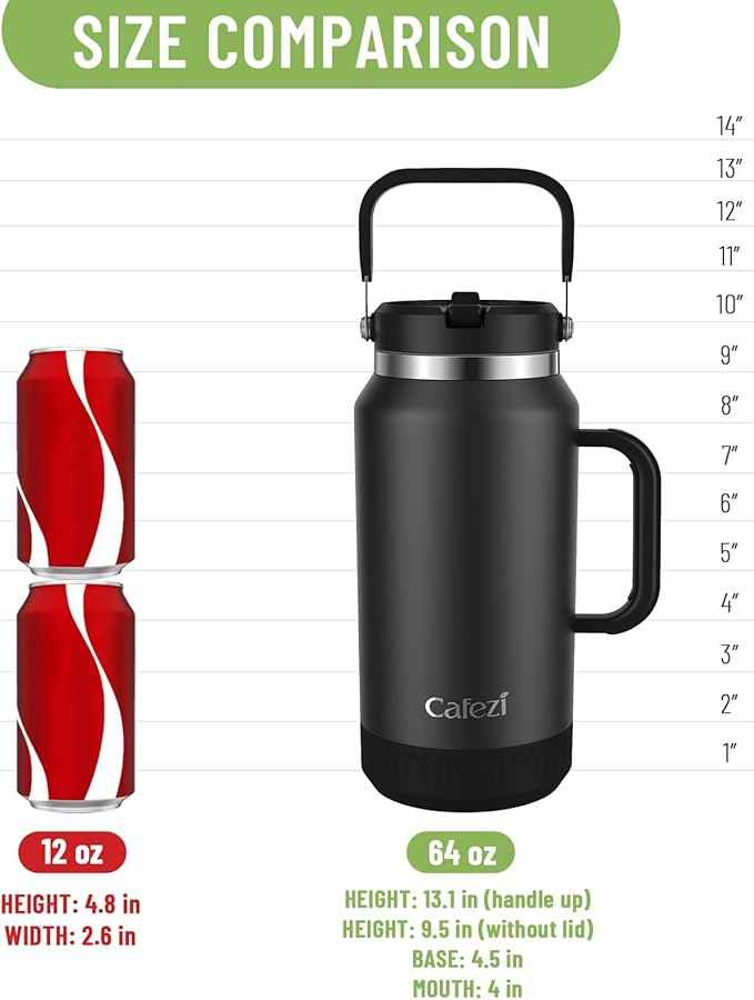 64 oz Leak-Proof Insulated Tumbler with Flip Straw Lid - Sweat-Free, Top and Side Handle, Anti-Slip Silicone Base, Iced for 34 Hours - Water Jug for Hiking, Fitness, Office, Travel, Home