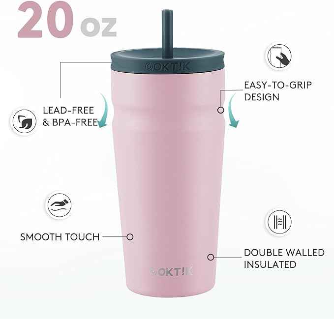 COKTIK 20oz Insulated Tumbler with Lid and Straw Iced Coffee Cup Reusable Stainless Steel Travel Mug Water Bottle Cupholder Friendly for Women Men Her Him (Blush)
