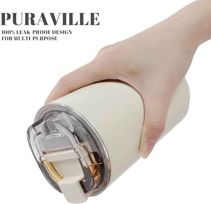 Puraville Insulated Tumblers with Lid, 14 oz Travel Coffee Mug Stainless Steel Vacuum Cup, Leak Proof Reusable Double Walled Coffee Tumbler for Iced and Hot Drinks, Cream