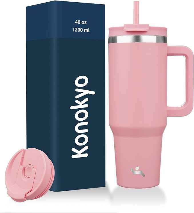 Konokyo 40 oz Tumbler with Handle and 2 Straws,2 in 1 Lid Insulated Water Bottle Stainless Steel Travel Coffee Mug,Pink