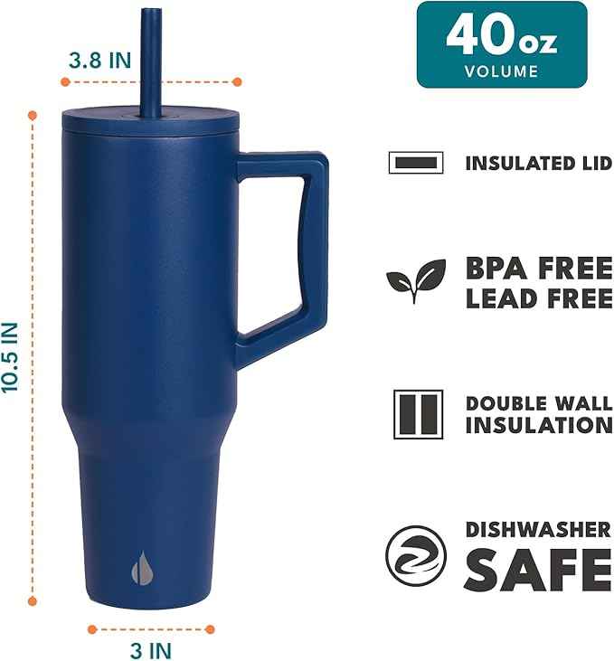 Elemental 40 oz Tumbler with Handle and Straw - Spill Proof Insulated Stainless Steel Commuter for Cold Beverages - Travel Coffee Mug with 2 Straws & Spill Proof Lid - 40oz - Navy Blue