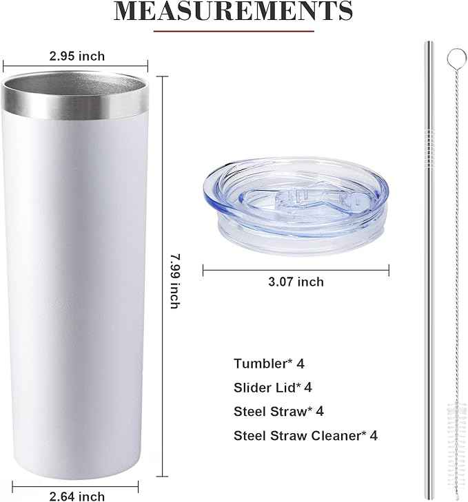 20 oz Skinny Tumbler with Lid and Straw,Stainless Steel Vacuum Insulated Tumbler Cup Double Wall Leak-proof Coffee Mug,Travel Thermal Water Tumbler for Office,Outdoor (Black/White/Rose gold/Silver)