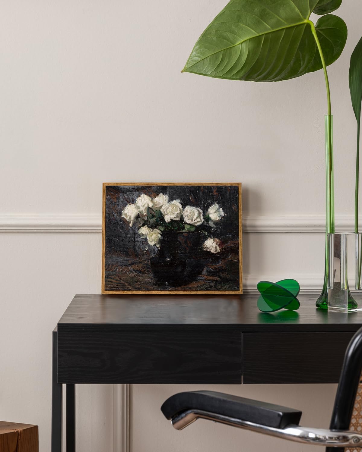 VIYYIEA Framed Canvas Wall Art Home Decor Vintage Botanical Prints White Roses in Vase Rustic Farmhouse Flower Wall Decor Mid Century Pictures Decor Art Prints Floral Room Decor for Living Room 9x11in