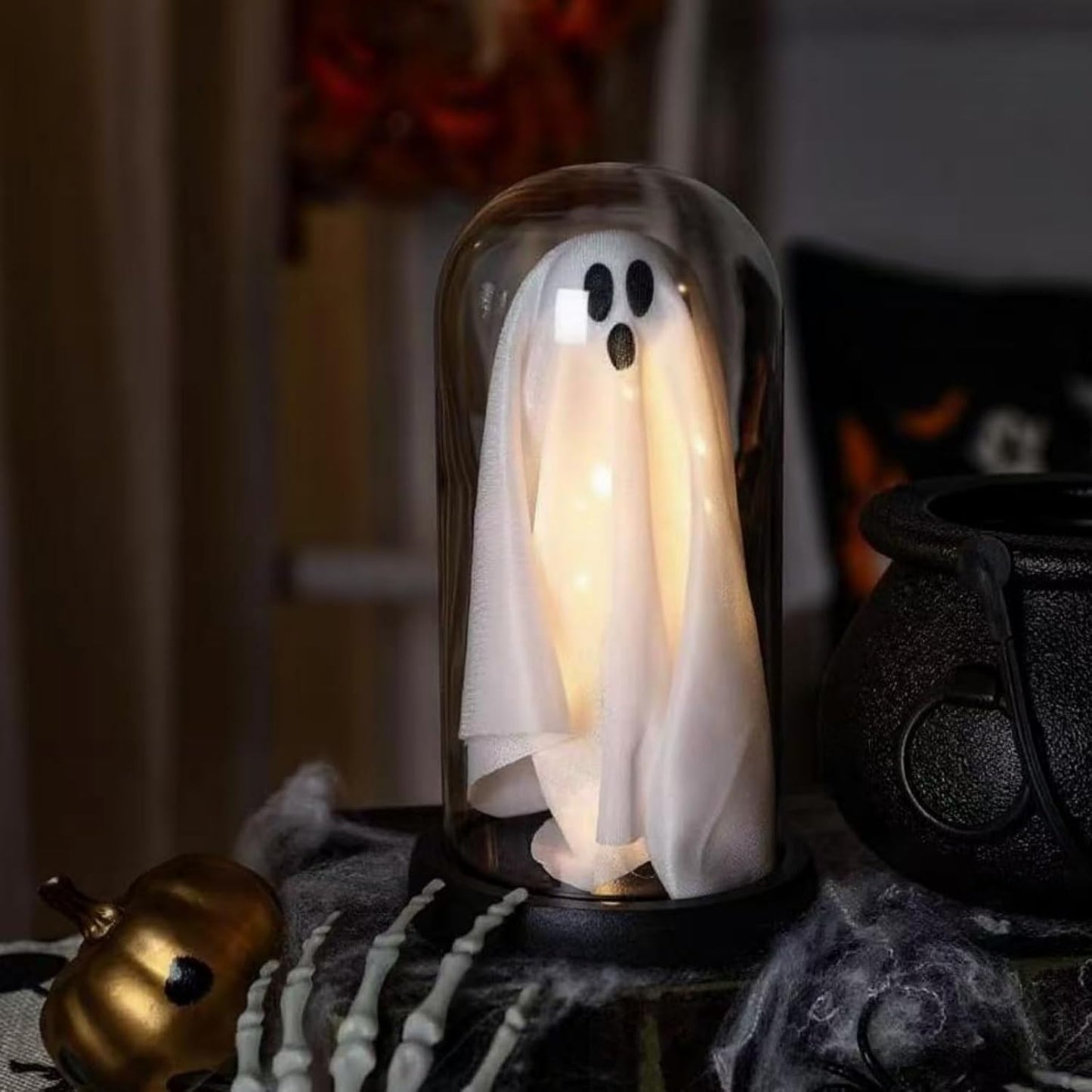 Light Up Ghost in Glass Cloche,Halloween Decorations Indoor,Cute LED Ghost Decor for Mantel,Tabletop,Cute Decorative Ornaments Suitable for Halloween Parties and Festivals(Warm Light,Glass Cover)