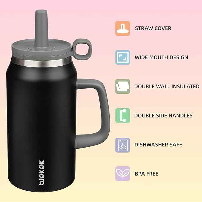 BJPKPK 50oz Insulated Tumbler with Handle Stainless Steel Travel Coffee Mug with Lid Reusable Large Water Bottle with Straw,Black