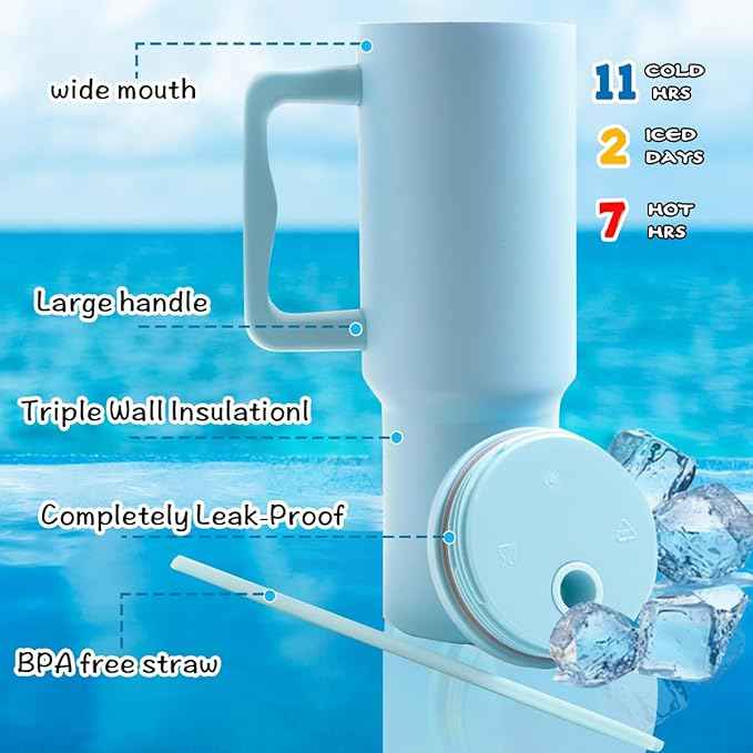 40 oz Tumbler with Handle Straw and Accessories, Drop & Abrasion Resistant, Vacuum Double-Layer Insulation, Ideal for Camping, Fitness, Outdoor Use