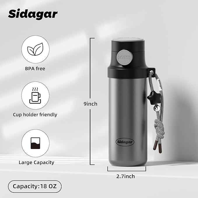 18 oz Insulated Water Bottle, Stainless Steel Travel Mug with Lid, Double Wall Vacuum Sports Water Bottle, BPA Free, Leak-Proof, Fits in Car Cup Holder, Great for Men Kid School, Black
