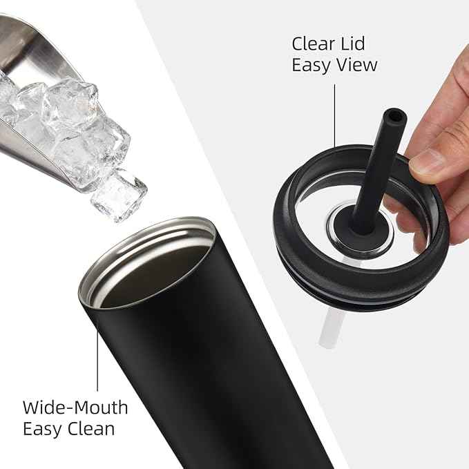BJPKPK Insulated Tumbler with Lid and Straw,12 oz Stainless Steel Travel Coffee Mug,Spill Proof Thermal Cup,Keep Drinks Cold and Hot,Black