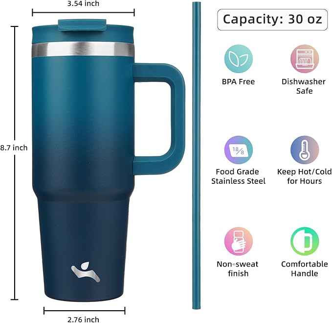 Konokyo 30 oz Tumbler with Handle and 2 Straws,2 in 1 Lid Insulated Water Bottle Stainless Steel Travel Coffee Mug,Indigo Black