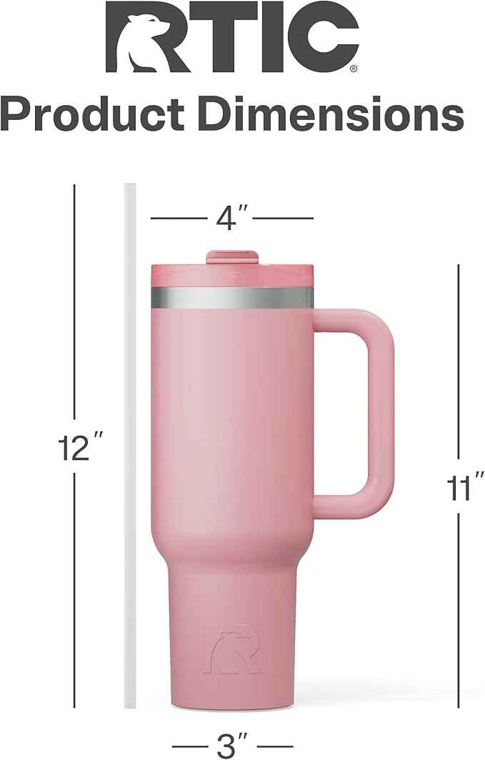 RTIC 40 oz Road Trip Tumbler Double-Walled Cermaic Lined Insulated Stainless Steel Portable Travel Coffee Mug Cup with Lid, Handle and Straw, Dusty Rose
