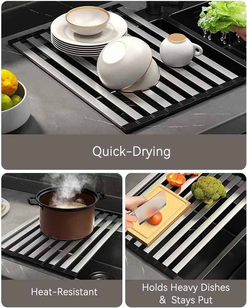 17.72" Dish Drying Rack Over the Sink, 1.28lb Heavy-Duty 304 Stainless Steel, Non-Slip Silicone Edges, Folding Space-Saving for Home & RV Kitchen, Dish Drainer, Cooling Rack & Sink Cover