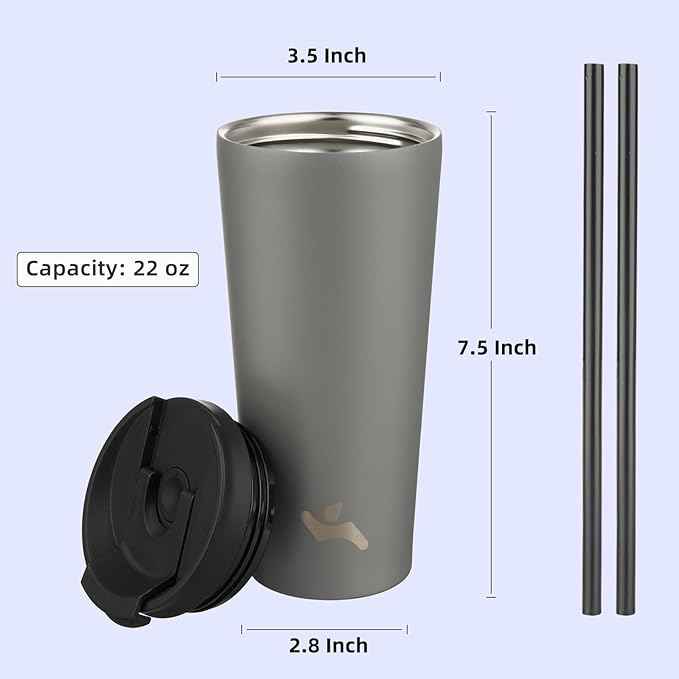 Konokyo 22 OZ Insulated Tumbler with Lid and 2 Straws Stainless Steel Water Bottle Vacuum Travel Mug Coffee Cup,Gray