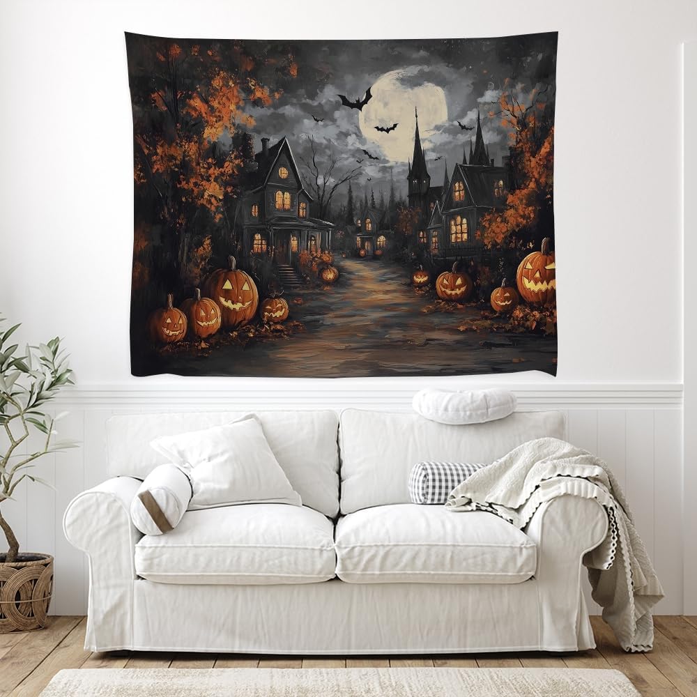 Spooky Halloween Tapestry Haunted Home Bats Pumpkin Tapestry Wall Hanging Dark Academia Fall Full Moon Decor Gothic Ghost Tapestries for bedroom Living Room Decoration 40x60inch