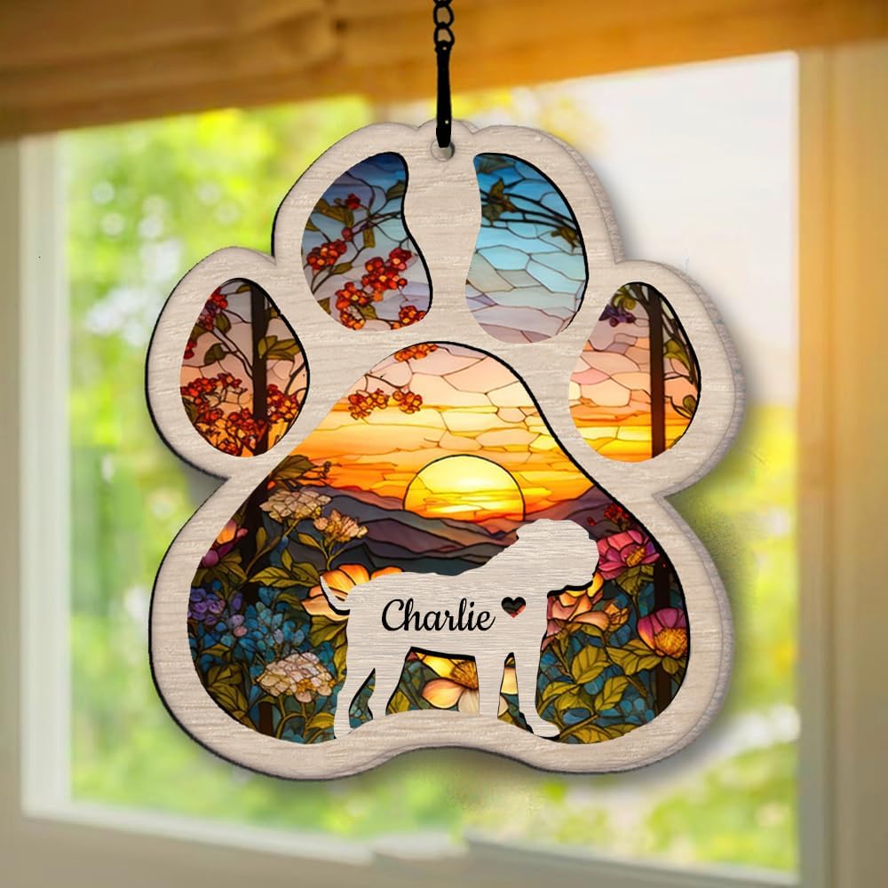 IZI POD Personalized American Bulldog Suncatcher Dog Memorial Ornament, Custom Pet Loss Gift, Rustic Fiber Wood & Acrylic Plexiglass, Hanging