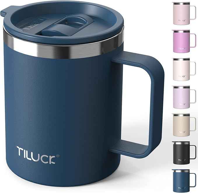 TILUCK 12 oz Insulated Coffee Mug with Lid, Double Wall Vacuum Insulated Travel Mug Cup with Handle for Hot or Cold Drinks（12oz，Matte DarkBlue）