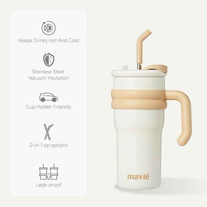 24oz Tumbler With Handle & Metal Straw + Silicone Cover & Sip Spout, Double Insulated Stainless Steel Water Bottle With Rubber Base, Leakproof, Cup Holder Friendly Travel Coffee Mug (Beige)