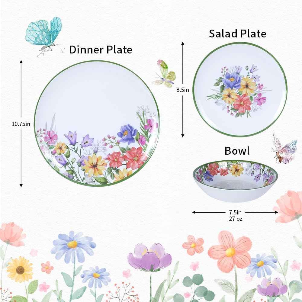 12 Piece Floral Melamine Dinnerware Sets, Green Camping Dishes Set, Spring Lightweight Plates and Bowls Sets, Service for 4, Unbreakable Dishwasher Safe Dish Set for Indoor & Outdoor Use