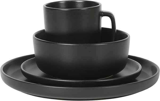 Gibson Home Zuma Stoneware Plates, Bowls, & Mugs Dinnerware Set - Matte Black, Service for Four (16pcs)