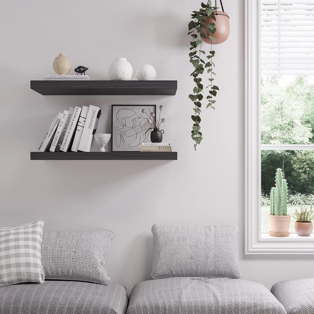 Floating Shelf, Set of 2 Wall Shelf, 24 in W x 12.75 in D x 2 in H Wooden Floating Wall Shelf with Invisible Brackets for Living Room/Bedroom/Bathroom/Kitchen Storage and Decor, Black Wood