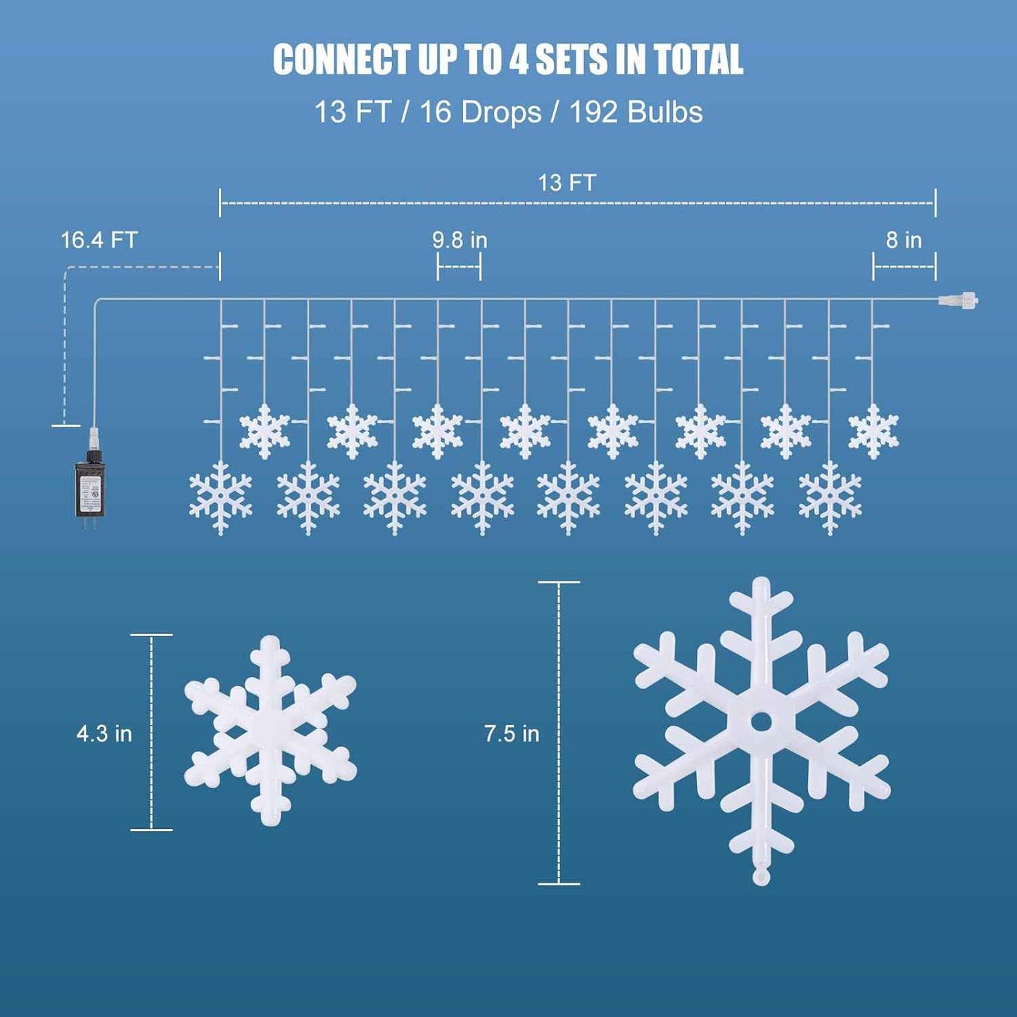 13 Ft 192 LED Snowflake Christmas Icicle Lights with 16 Drops, 8 Modes and Timer, IP65 Waterproof Connectable for Indoor Outdoor House Window, Blue and White