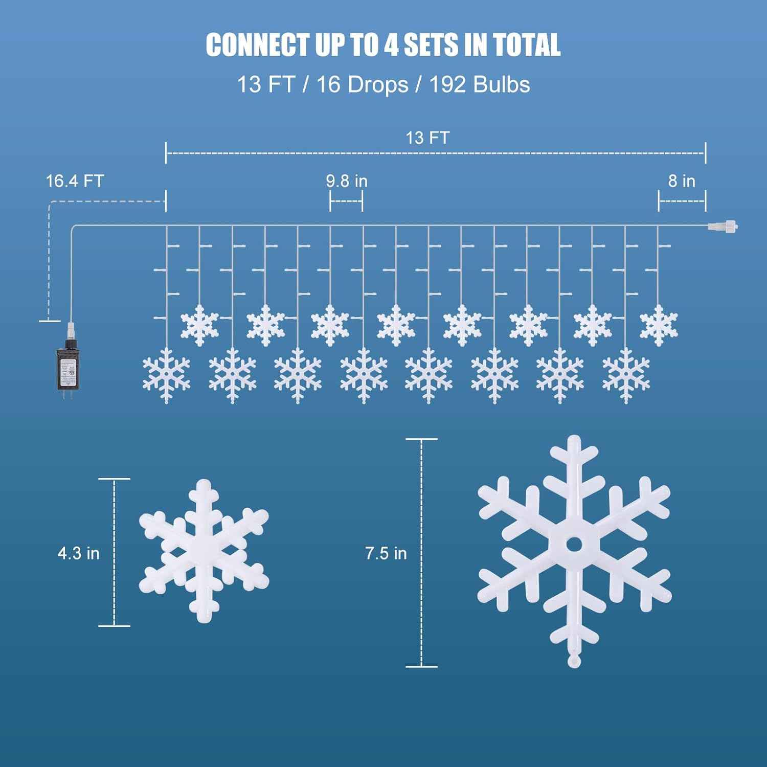 13 Ft 192 LED Snowflake Christmas Icicle Lights with 16 Drops, 8 Modes and Timer, IP65 Waterproof Connectable for Indoor Outdoor House Window, Blue and White