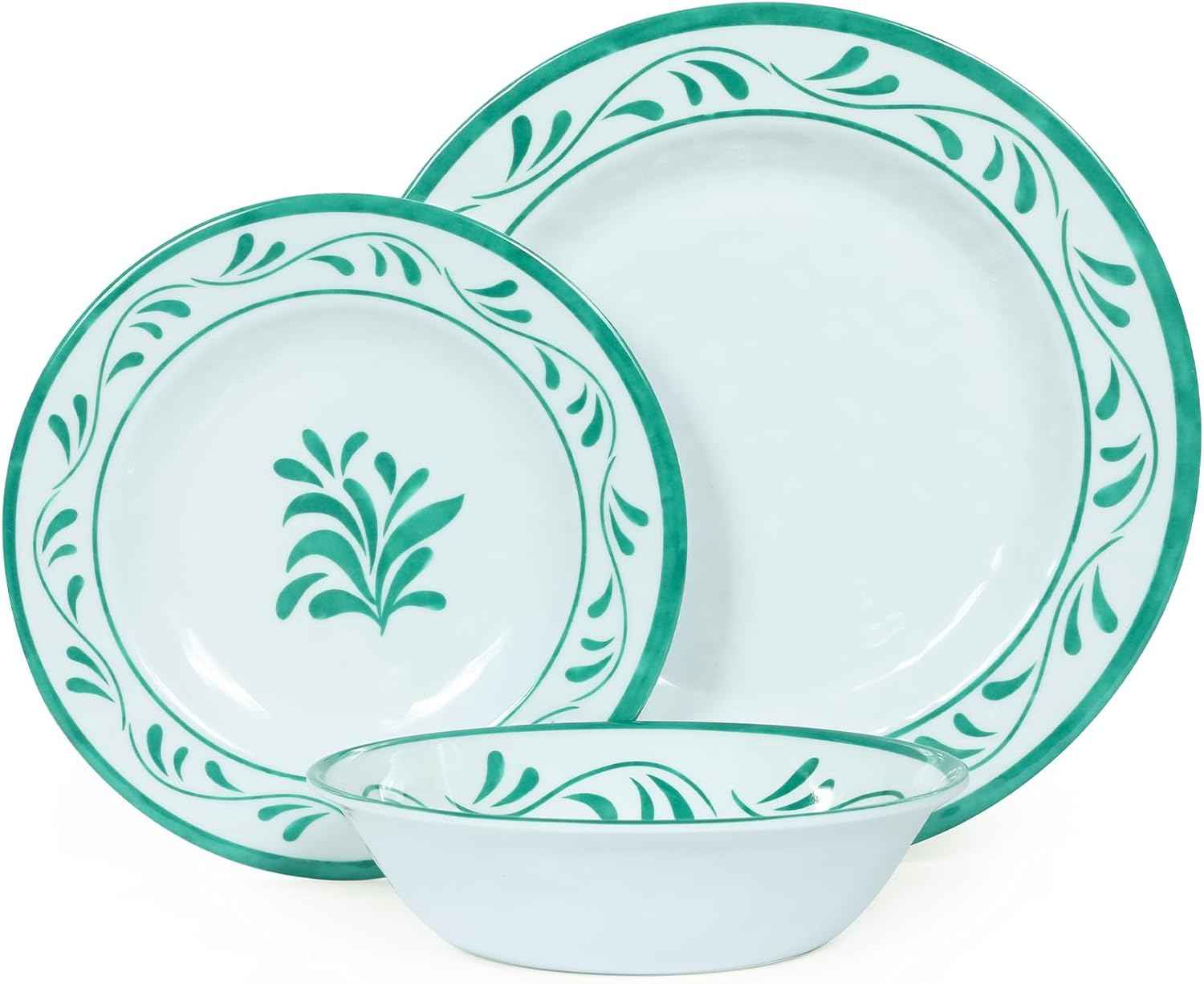 Melamine Dinnerware Sets 12 Pcs, Melamine Plates and Bowls,Party Plates and Bowls Sets, Camping Dishes Set for 4, Unbreakable, BPA Free, Dishwasher Safe （Green water drop flower）