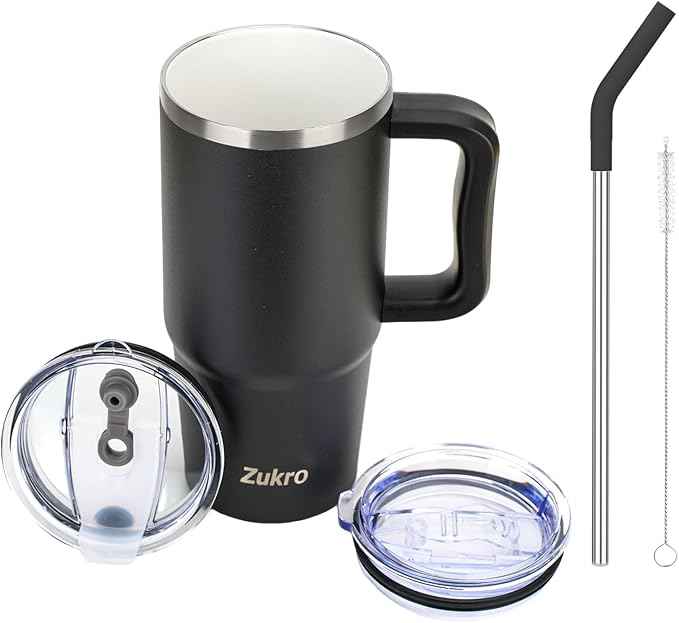 Zukro 24 oz Ceramic Lined Tumbler with Handle and Straw, No Metal Taste, Insulated Stainless Steel Coffee Mug with Spill Proof Lids for Home/Office, No Sweat, Keep Drinks Hot or Cold, Black