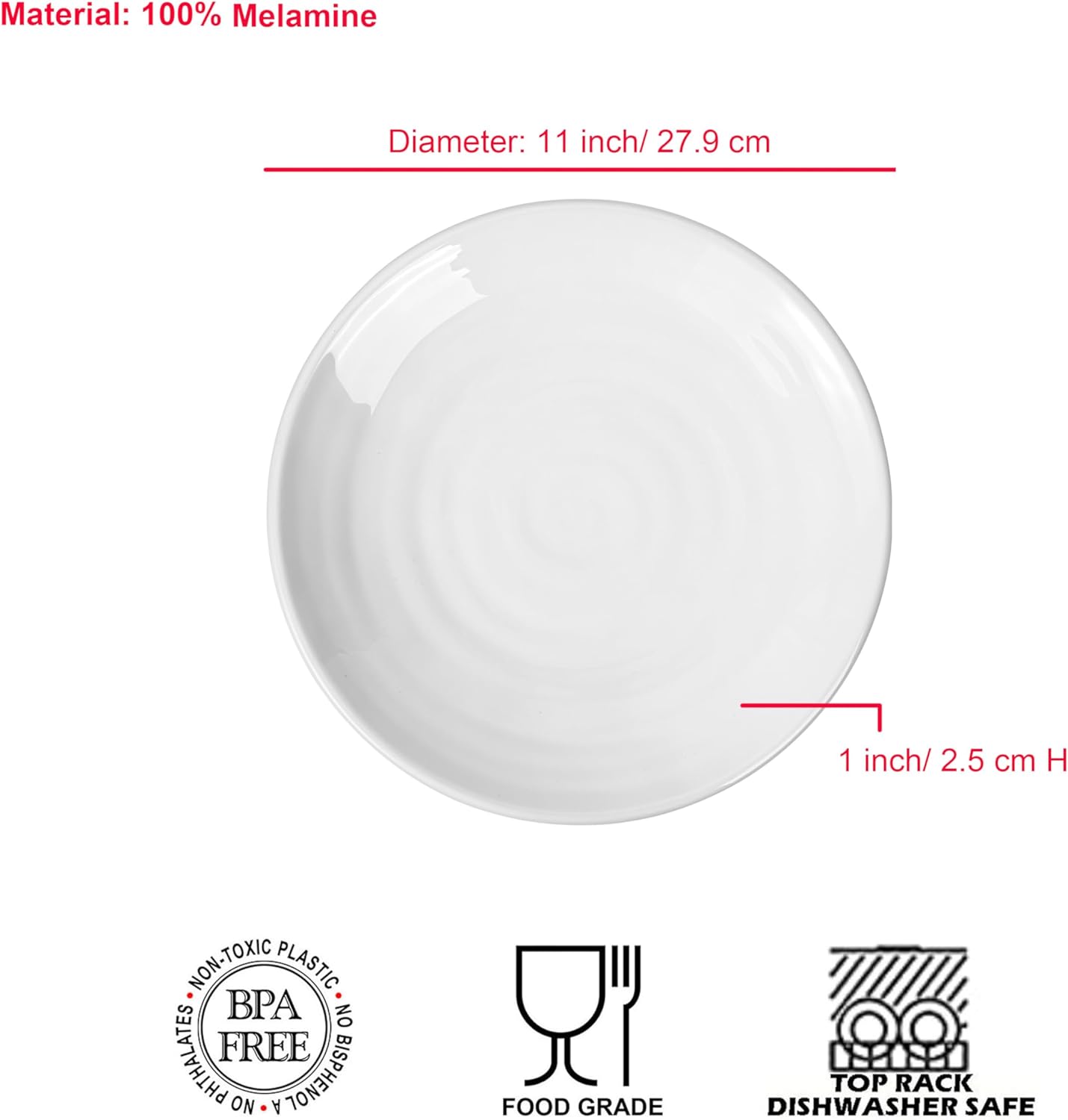 Melamine Dinner Plates, Round Plates,Shatter Resistant, 11 inch, set of 6 White