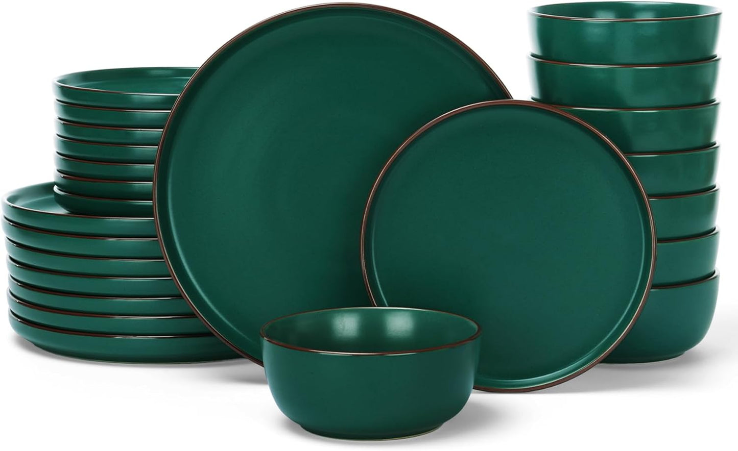 Famiware Mercury 24 Pieces Dinnerware Sets, Plates and Bowls Sets for 8, Microwave and Dishwasher Safe Dish Set, Dark Green