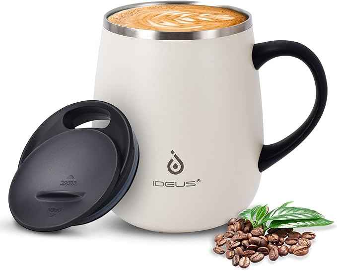 Ideus 16 oz (470 ml) Insulated Coffee Mug with Handle and Lid, Double Wall Stainless Steel Vacuum Thermal Coffee Mug, Travel Coffee Cup Thermal Cup for Home and Office (Snow Mountain White)