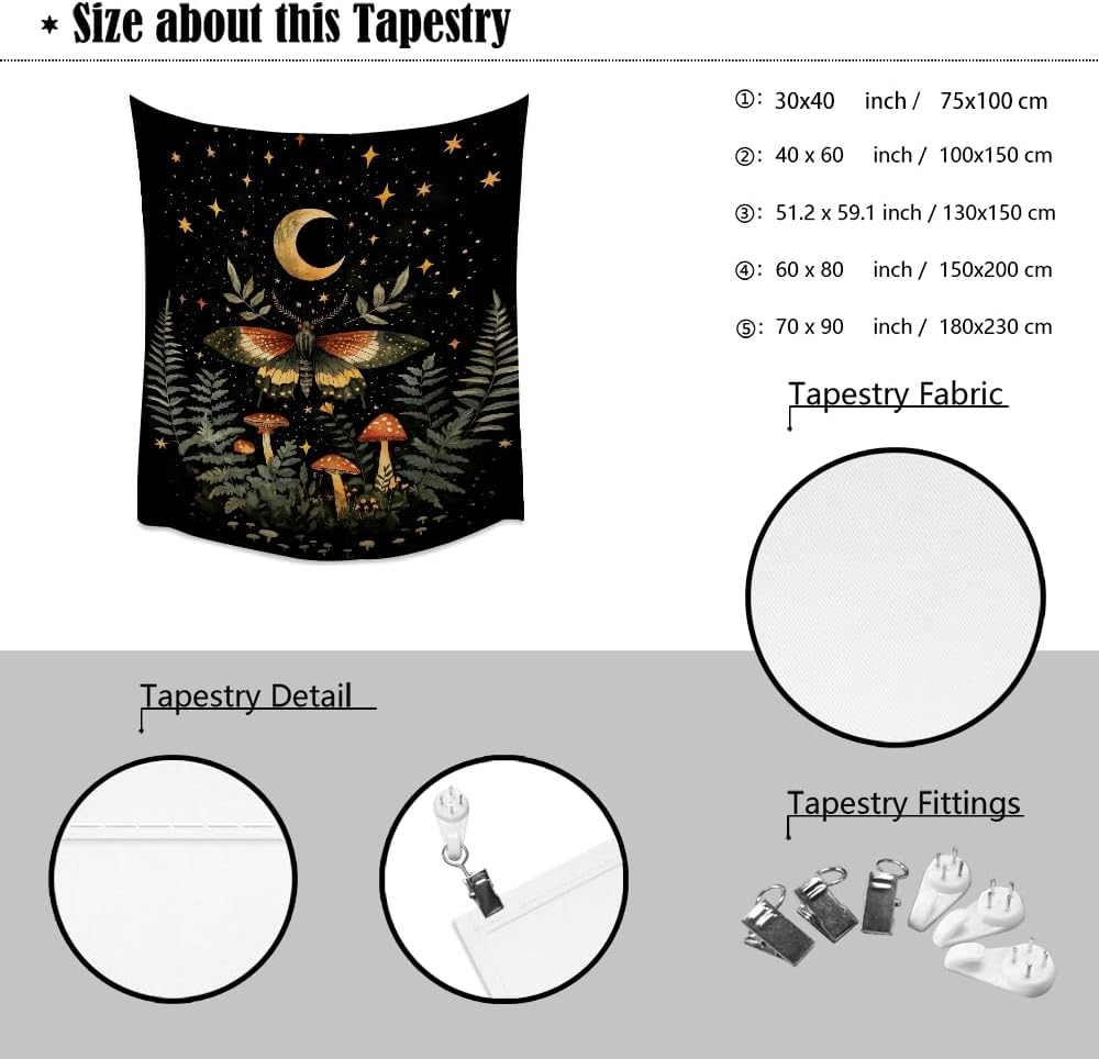 Mystical Moth Mushroom Tapestry Dark Academia Aesthetic Wall Hanging Decor Moon Star Witchy Print Butterfly Enchanted Forest Tapestries for Home Bedroom Living Room Office Decor 40x60inch
