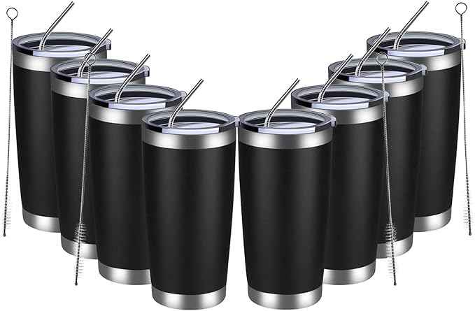 MEWAY 20oz Tumbler 8 Pack Double Wall Vacuum Insulated Travel Mug Bulk, Stainless Steel Tumblers with Lid and Straw, Durable Powder Coated Coffee Cups for Cold & Hot Drinks (Black, 8)