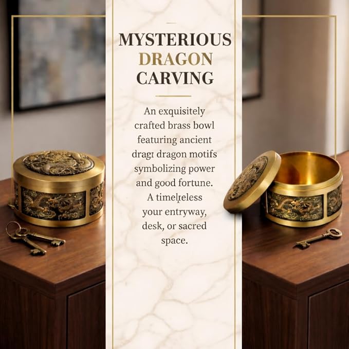 Solid Brass Decorative Bowl with Lid, Gold Metal Key Holder for Entryway Table, Small Catch All Jewelry Box for Rings & Trinkets, Dragon Carving Home Decor Brings Good Fortune
