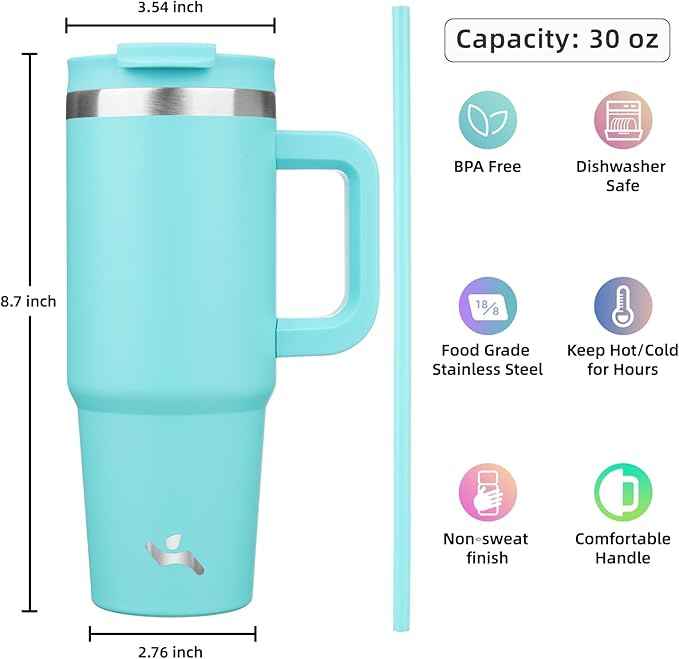 Konokyo 30 oz Tumbler with Handle and 2 Straws,2 in 1 Lid Insulated Water Bottle Stainless Steel Travel Coffee Mug,Turquoise