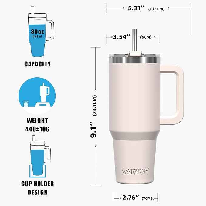 30 oz Tumbler with Handle,Tumbler with Lid and Straw,Double Wall Insulated Cup Stainless Steel Travel Mug(Cold for 34 Hours),Water Bottle for Iced Tea,Coffee,Cold Beverages(Ivory Beige)