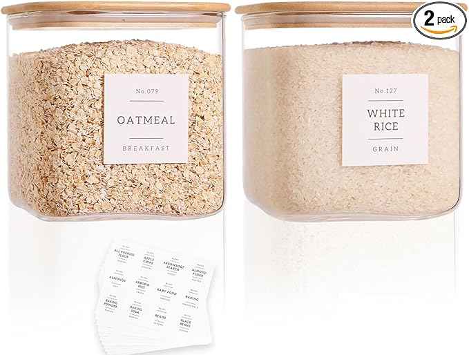 2 Pack Square Glass Flour and Sugar Containers with 132 Kitchen Pantry Labels - Thicken 85 FL OZ Large Glass Storage Jars with Airtight Bamboo Lid - Big Food Canisters for Cookies, Candy, Tea, Coffee