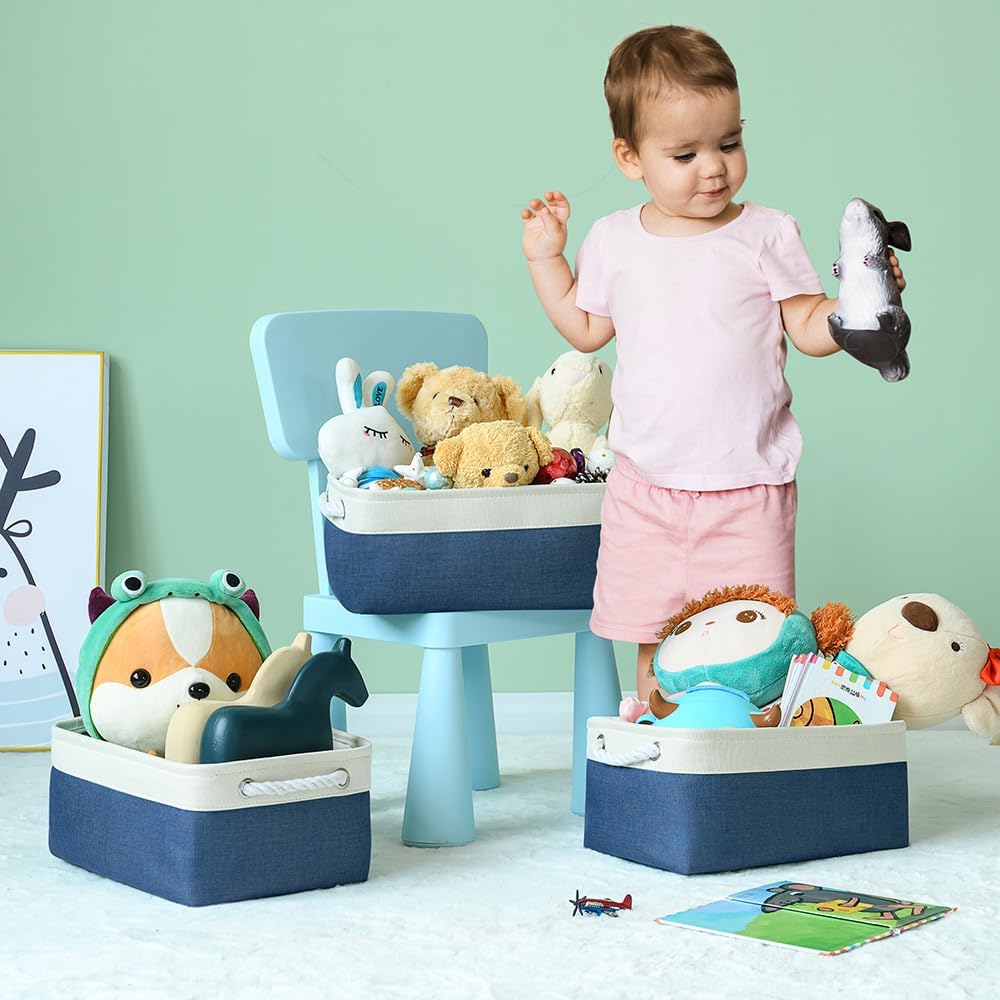 TheWarmHome Storage Basket for Organizing - Medium 3 Pack 14x10x7 inch Fabric Storage Cubes for Shelves with Rope, Collapsible Storage Bin for Organizer Closet Cloth Gift Toy (White & Jean Blue)