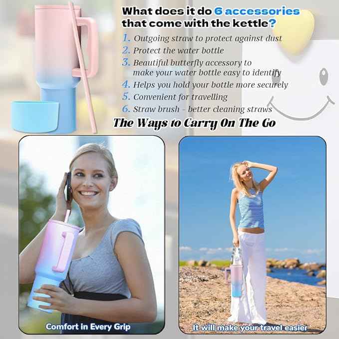 40 oz Tumbler with Handle and Straw & 6PCS Cup Accessories for 40 oz Cup - Vacuum Insulated Stainless Steel Double Wall Water Bottle Travel Coffee Mug - Holiday Gifts for Women Men (Bubble)