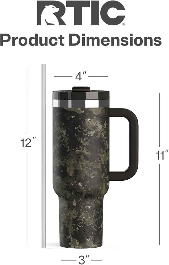 RTIC 40 oz Road Trip Tumbler Double-Walled Cermaic Lined Insulated Stainless Steel Portable Travel Coffee Mug Cup with Lid, Handle and Straw, Olive Midnight Camo
