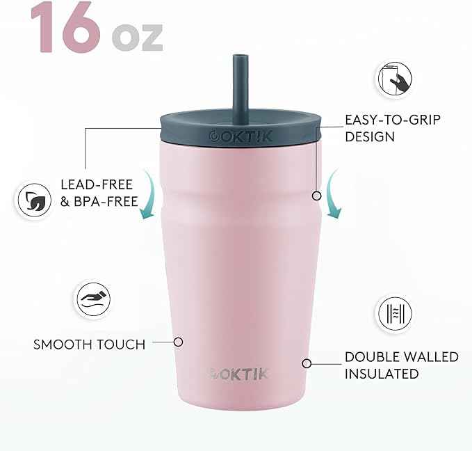 COKTIK 16oz Insulated Tumbler with Lid and Straw Iced Coffee Cup Reusable Stainless Steel Travel Mug Water Bottle Cupholder Friendly for Women Men Her Him (Blush)